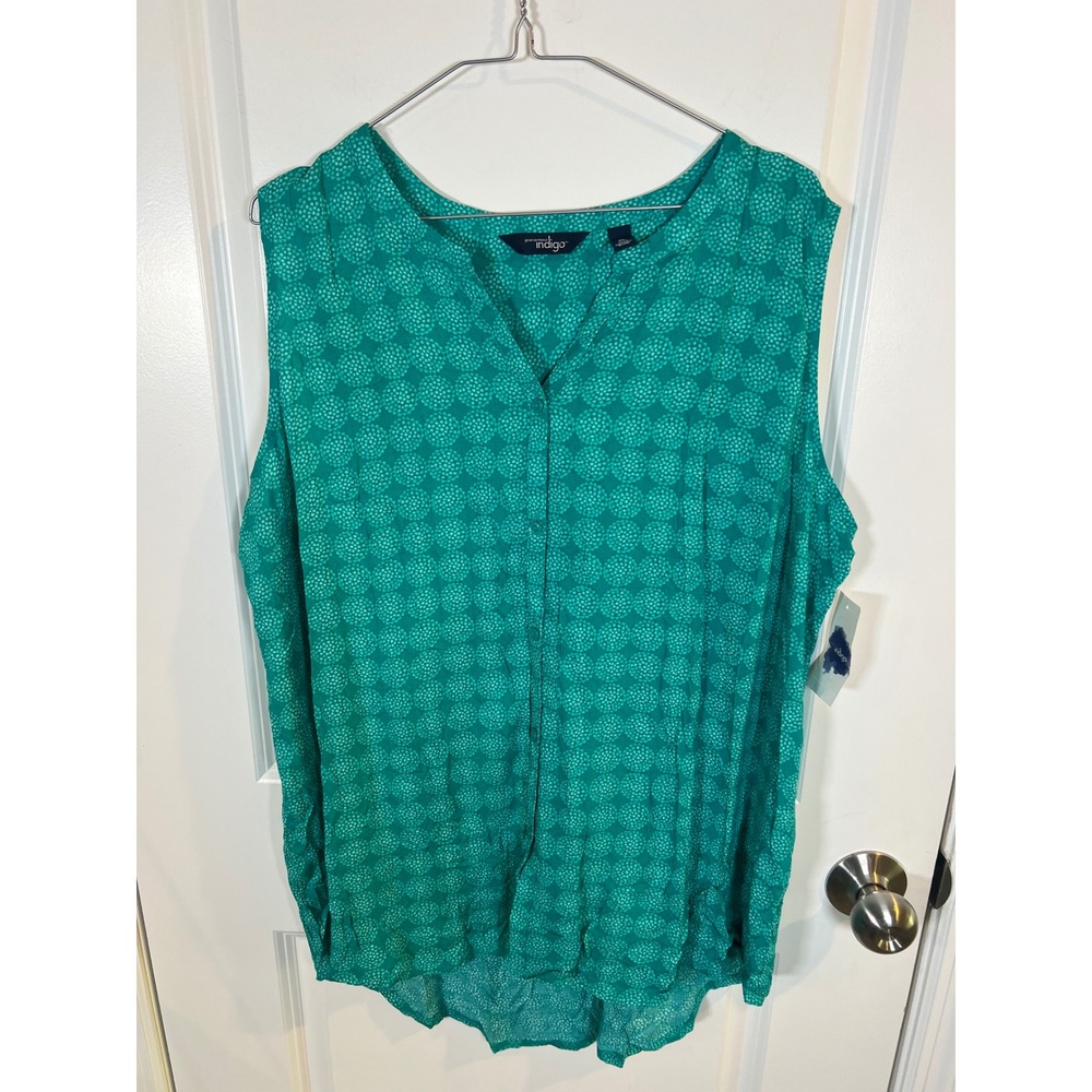Great Northwest Indigo Womens Sleeveless Blouse Geometric Print Green XL NWT